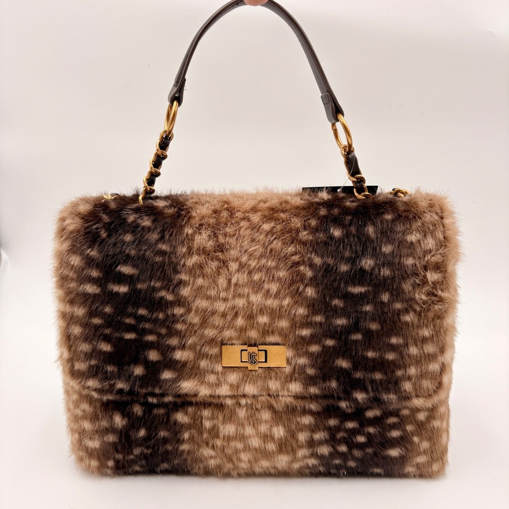 Steve Madden BKolman Spotted Faux Fur Shoulder Bag Purse Brown Deer Print Gold